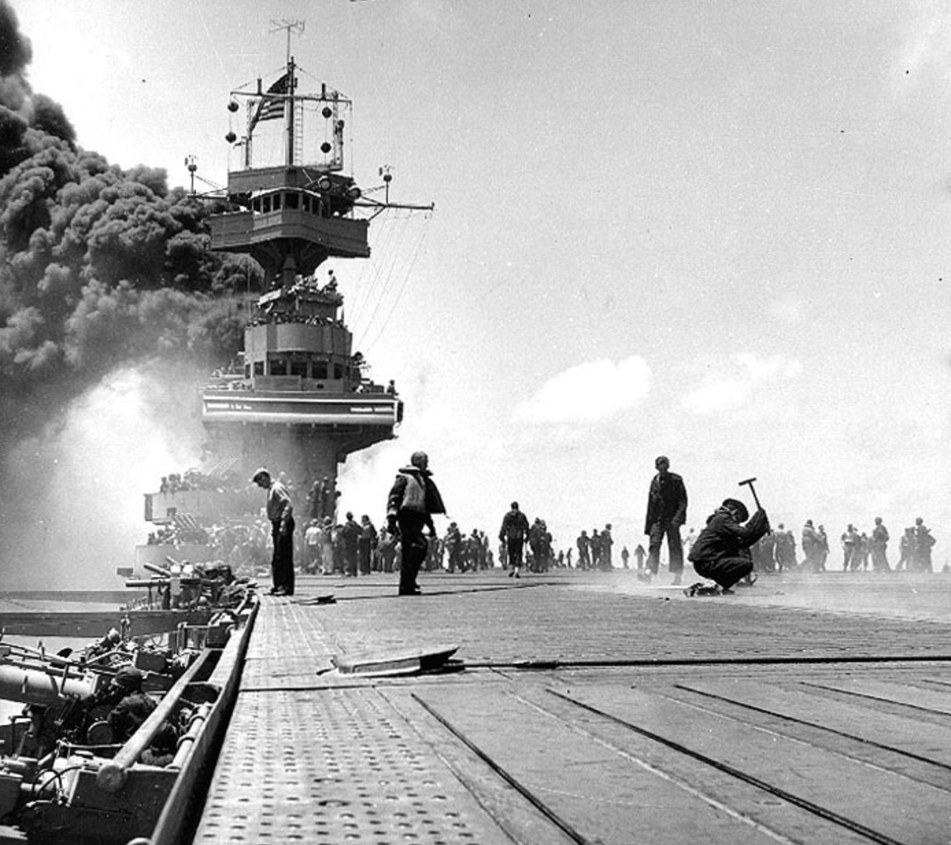 USS Yorktown shortly after being hit by three Japanese bombs during the Battle of Midway. 